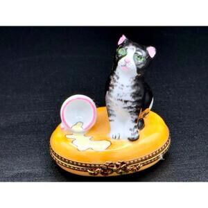 Authentic Limoges Peint Main Cat Felix Trinket Box – Spilled Milk Bowl Figurine